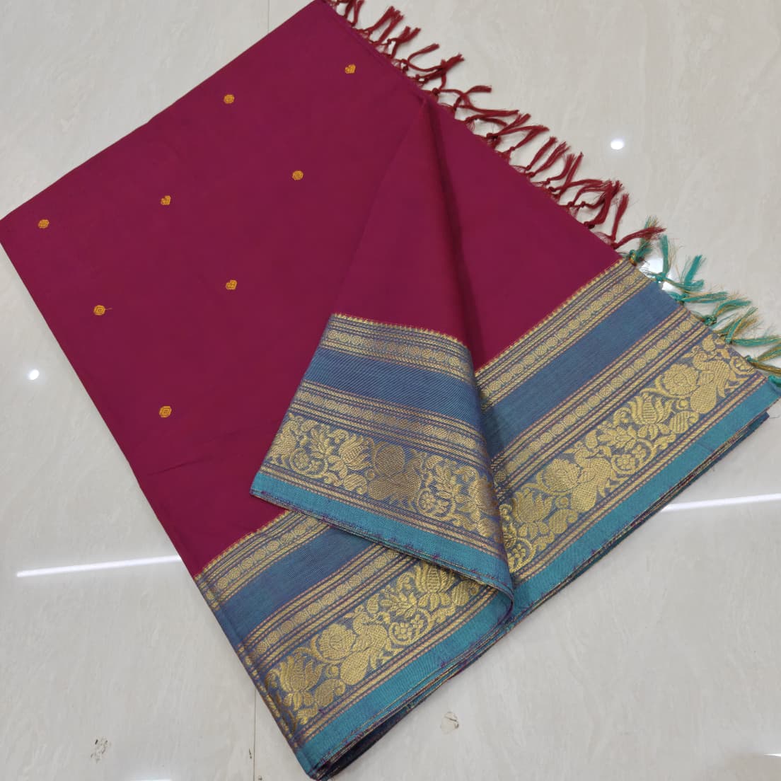 Maroon Handloom Kanchi  with Teal Blue Zari Border Cotton Saree